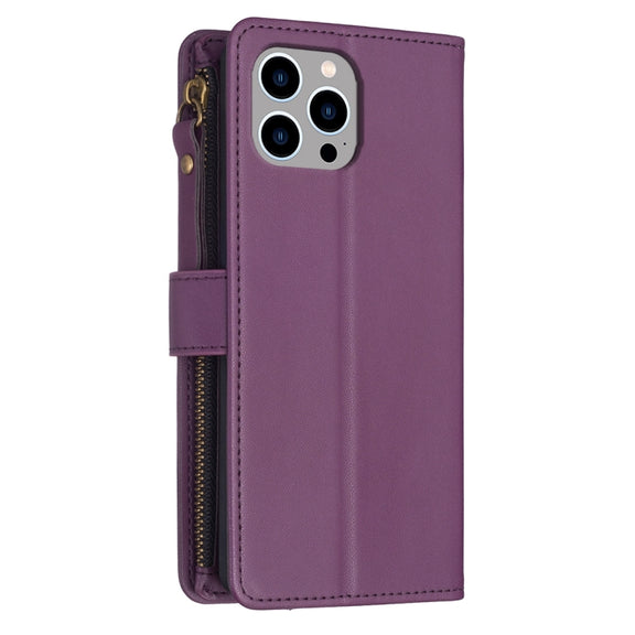 For iPhone 13 Pro 9 Card Slots Zipper Wallet Leather Flip Phone Case(Dark Purple)
