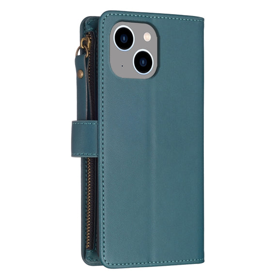 For iPhone 14 Plus 9 Card Slots Zipper Wallet Leather Flip Phone Case(Green)