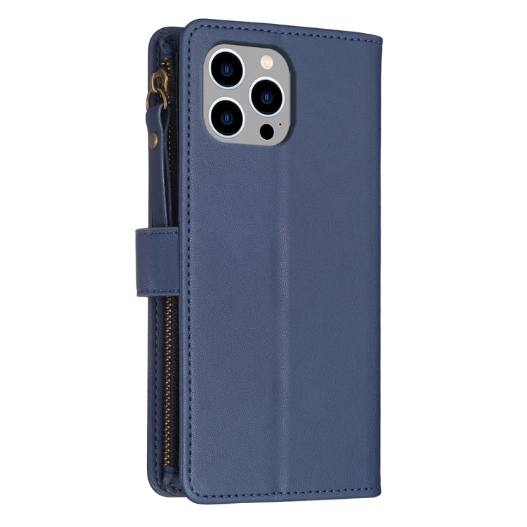 For iPhone 14 Pro Max 9 Card Slots Zipper Wallet Leather Flip Phone Case(Blue)