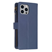 For iPhone 14 Pro Max 9 Card Slots Zipper Wallet Leather Flip Phone Case(Blue)