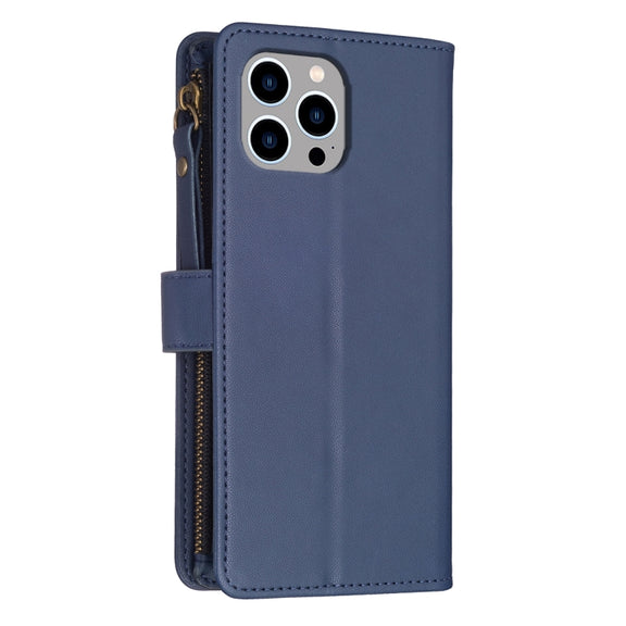 For iPhone 14 Pro Max 9 Card Slots Zipper Wallet Leather Flip Phone Case(Blue)