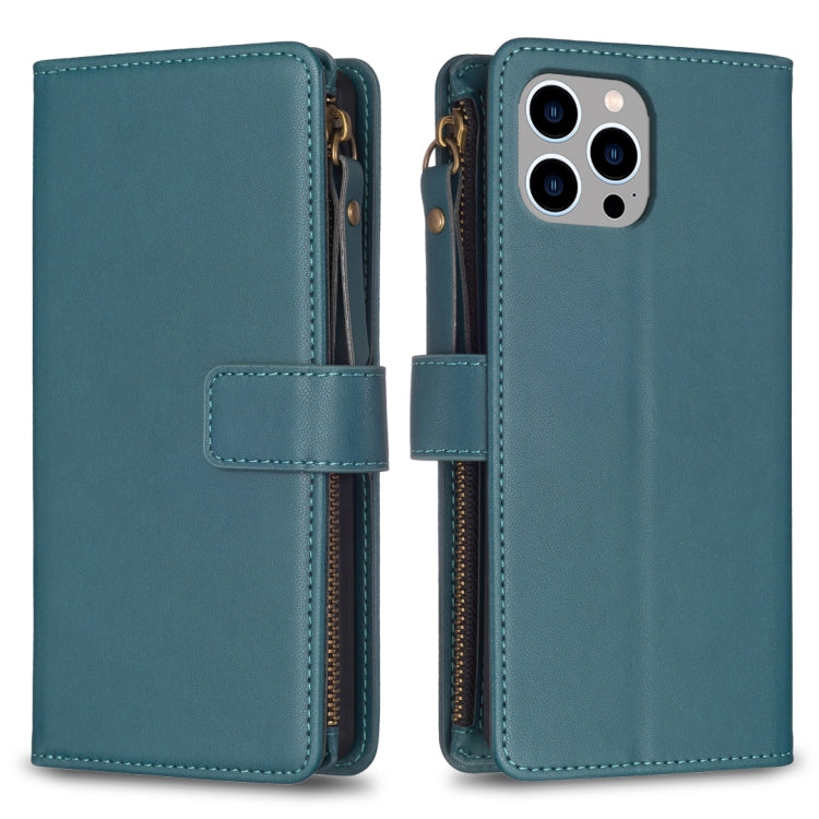 For iPhone 15 Pro Max 9 Card Slots Zipper Wallet Leather Flip Phone Case(Green)