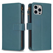 For iPhone 15 Pro Max 9 Card Slots Zipper Wallet Leather Flip Phone Case(Green)