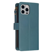 For iPhone 15 Pro Max 9 Card Slots Zipper Wallet Leather Flip Phone Case(Green)