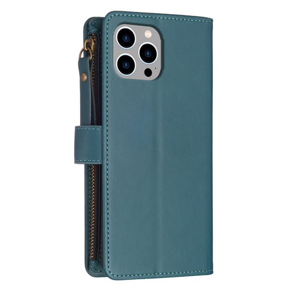 For iPhone 15 Pro Max 9 Card Slots Zipper Wallet Leather Flip Phone Case(Green)