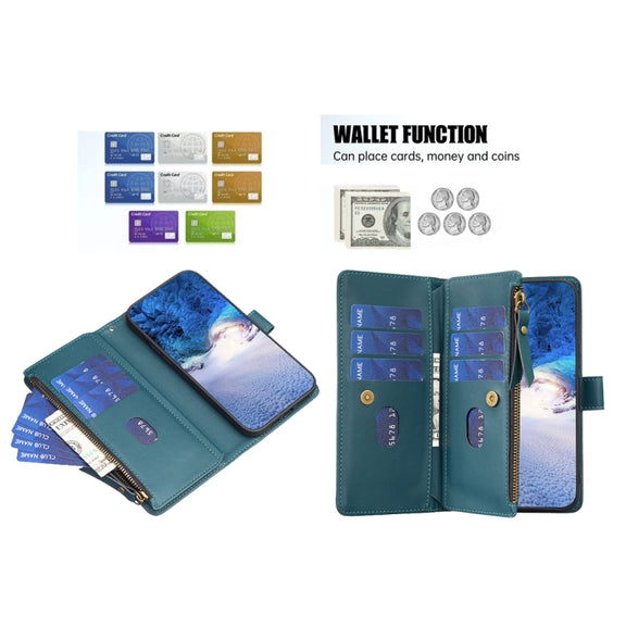 For iPhone 15 Pro Max 9 Card Slots Zipper Wallet Leather Flip Phone Case(Green)