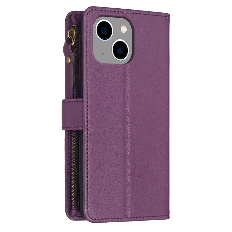 For iPhone 15 Plus 9 Card Slots Zipper Wallet Leather Flip Phone Case(Dark Purple)