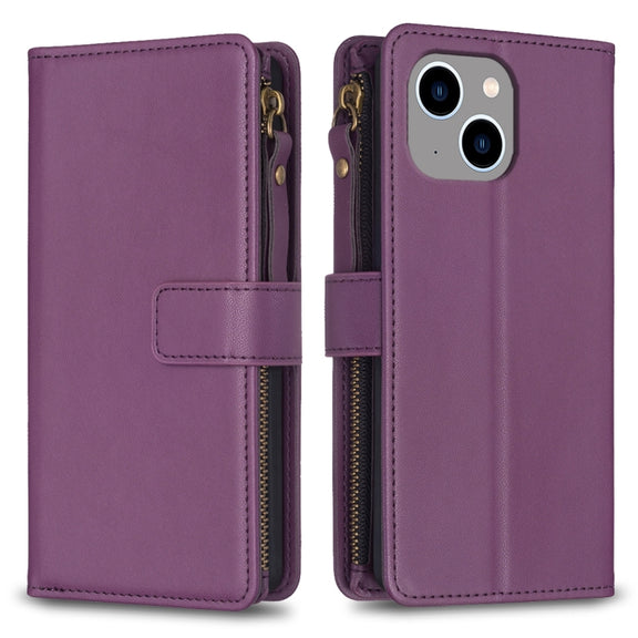 For iPhone 15 Plus 9 Card Slots Zipper Wallet Leather Flip Phone Case(Dark Purple)