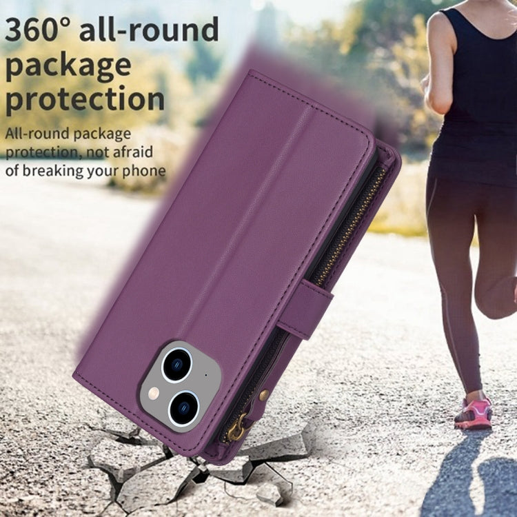 For iPhone 15 Plus 9 Card Slots Zipper Wallet Leather Flip Phone Case(Dark Purple)