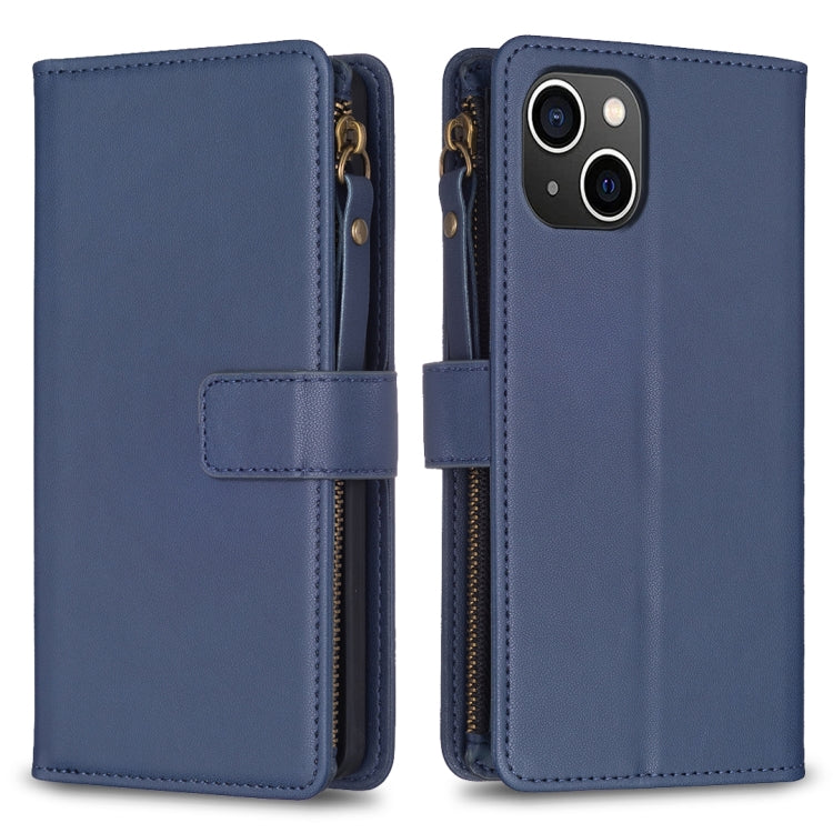 For iPhone 15 9 Card Slots Zipper Wallet Leather Flip Phone Case(Blue)