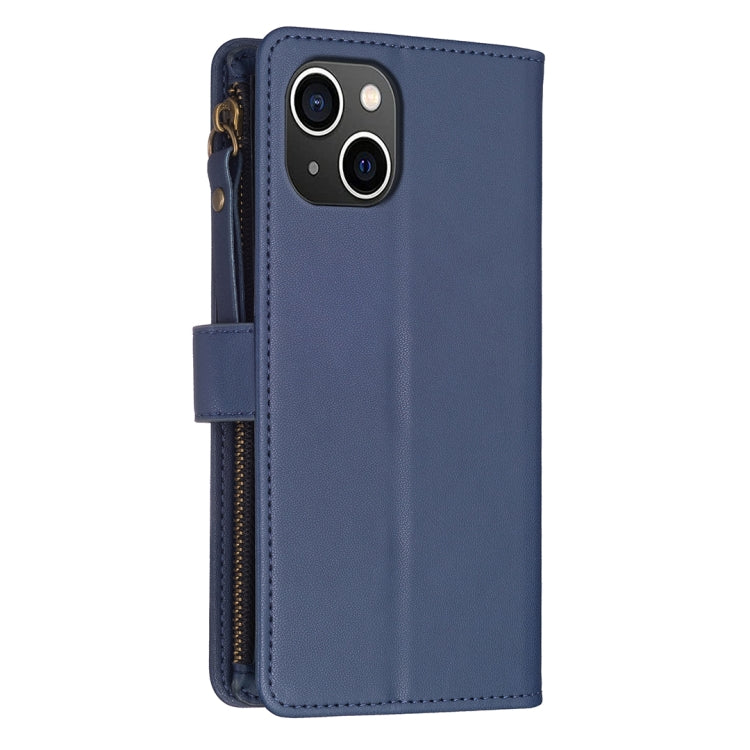For iPhone 15 9 Card Slots Zipper Wallet Leather Flip Phone Case(Blue)