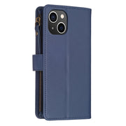 For iPhone 15 9 Card Slots Zipper Wallet Leather Flip Phone Case(Blue)
