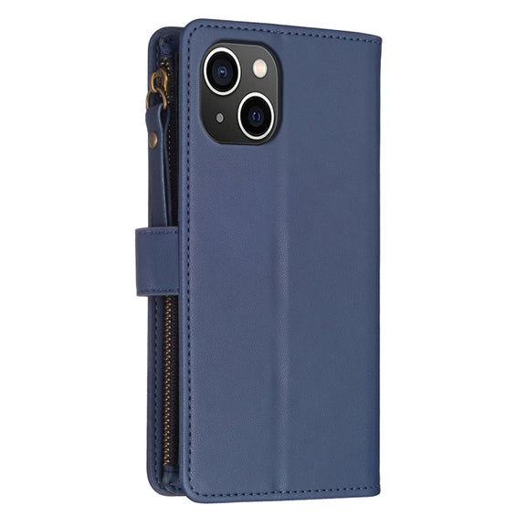 For iPhone 15 9 Card Slots Zipper Wallet Leather Flip Phone Case(Blue)