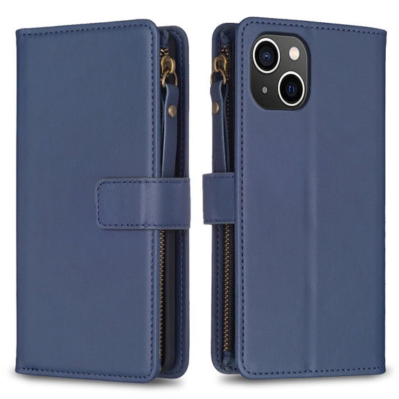 For iPhone 15 9 Card Slots Zipper Wallet Leather Flip Phone Case(Blue)