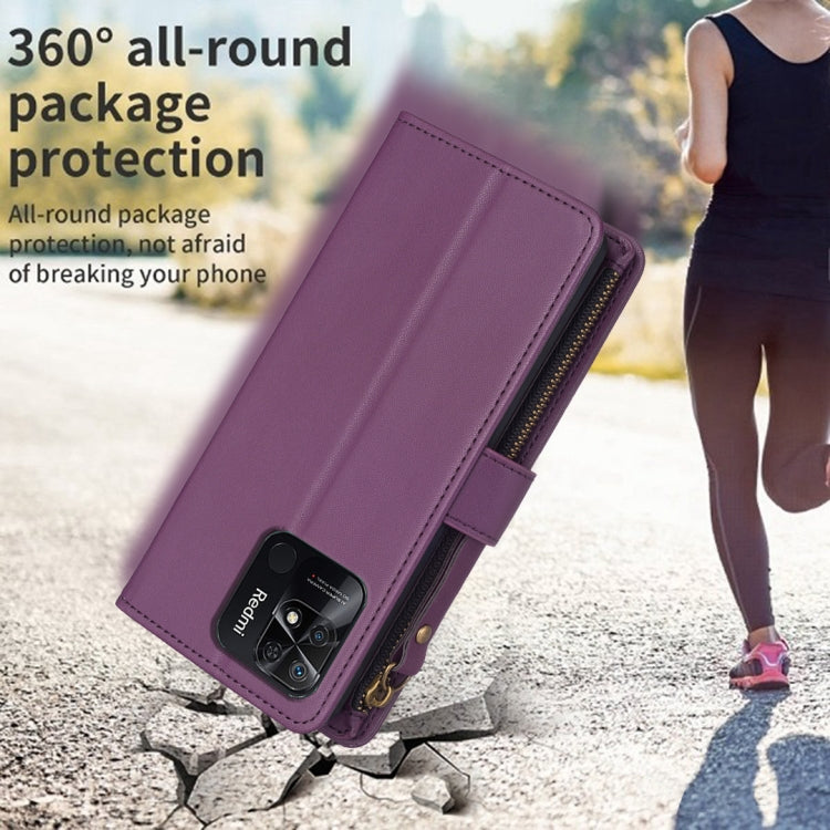 For Xiaomi Redmi 10C 9 Card Slots Zipper Wallet Leather Flip Phone Case(Dark Purple)