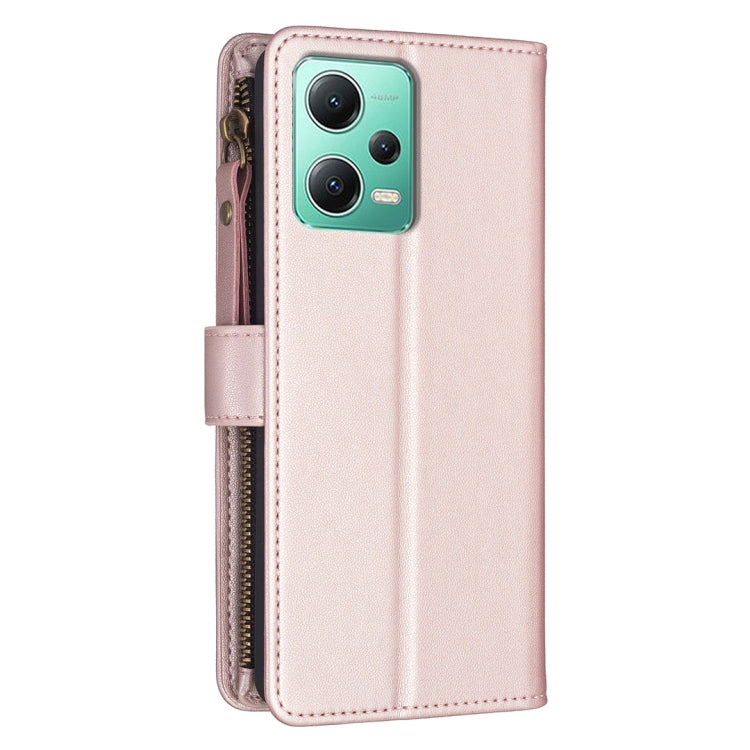 For Xiaomi Redmi Note 12 5G 9 Card Slots Zipper Wallet Leather Flip Phone Case(Rose Gold)