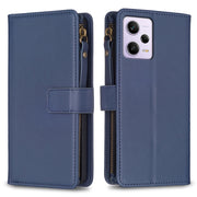 For Xiaomi Redmi Note 12 Pro 9 Card Slots Zipper Wallet Leather Flip Phone Case(Blue)