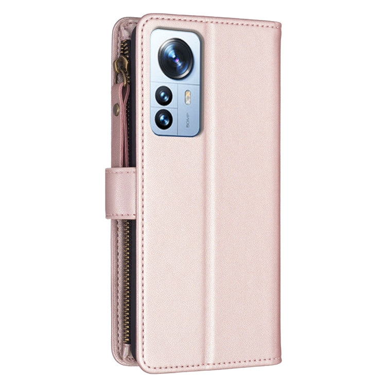 For Xiaomi 12 Pro 9 Card Slots Zipper Wallet Leather Flip Phone Case(Rose Gold)