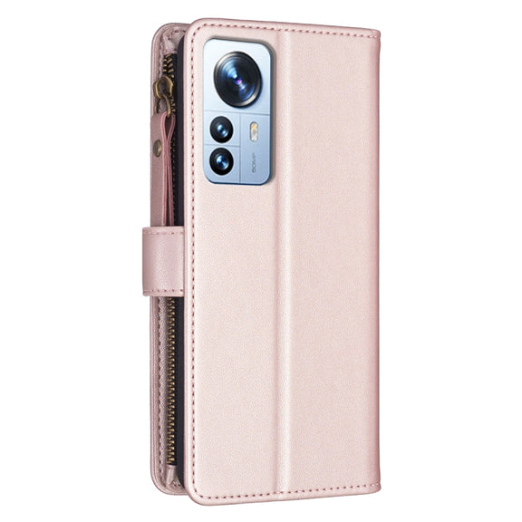 For Xiaomi 12 Pro 9 Card Slots Zipper Wallet Leather Flip Phone Case(Rose Gold)