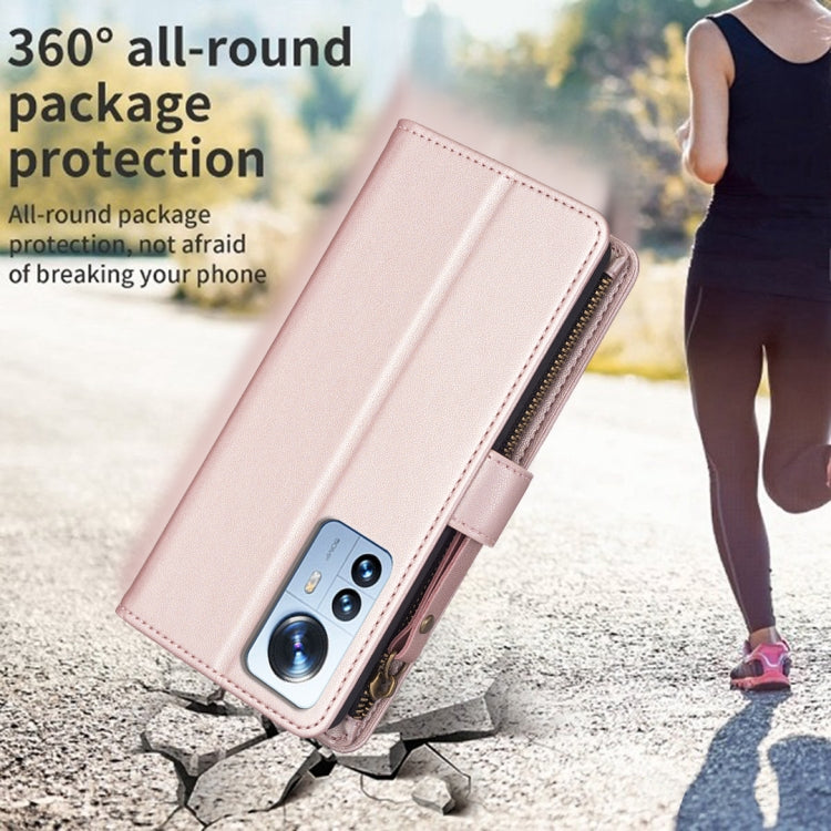 For Xiaomi 12 Pro 9 Card Slots Zipper Wallet Leather Flip Phone Case(Rose Gold)