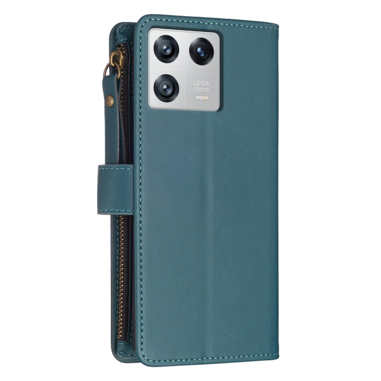 For Xiaomi 13 9 Card Slots Zipper Wallet Leather Flip Phone Case(Green)