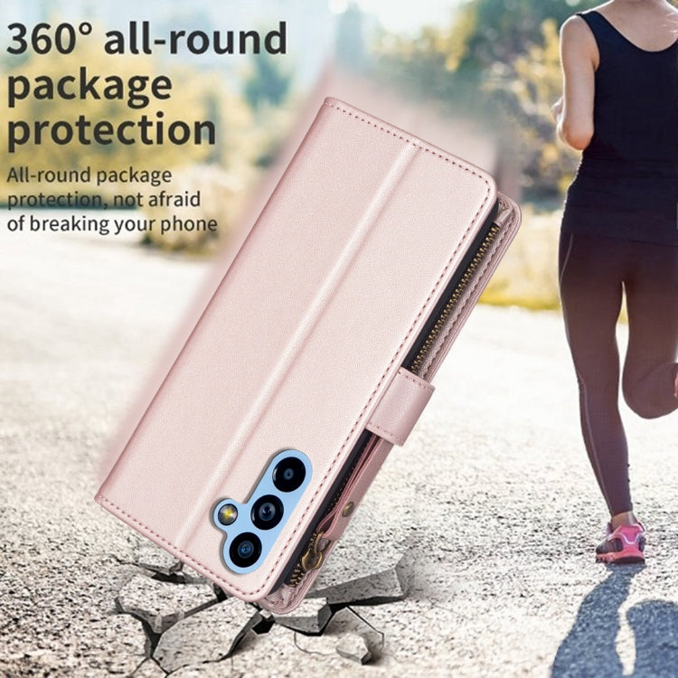For Samsung Galaxy A54 5G 9 Card Slots Zipper Wallet Leather Flip Phone Case(Rose Gold)