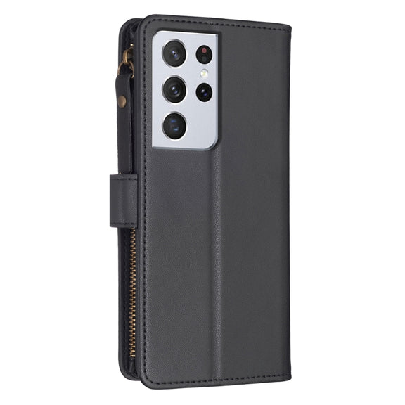 For Samsung Galaxy S21 Ultra 5G 9 Card Slots Zipper Wallet Leather Flip Phone Case(Black)