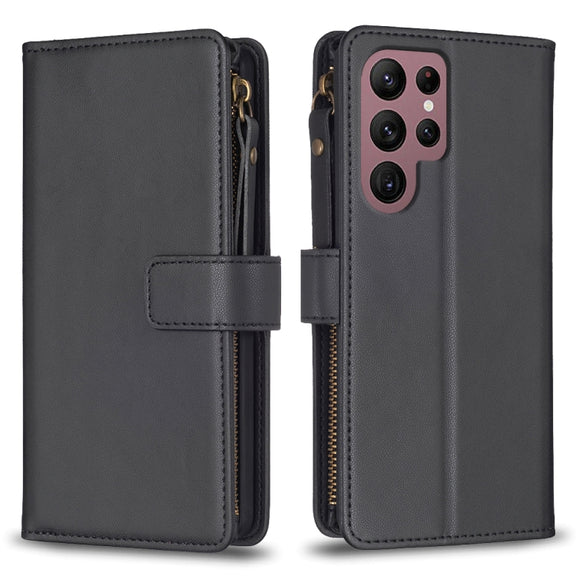 For Samsung Galaxy S22 Ultra 5G 9 Card Slots Zipper Wallet Leather Flip Phone Case(Black)