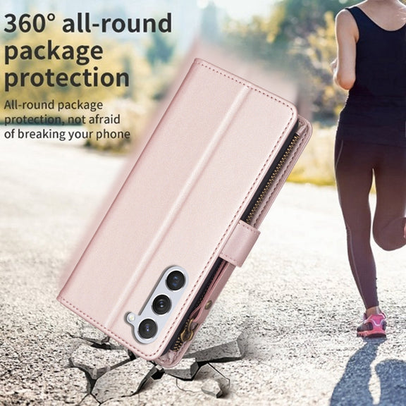 For Samsung Galaxy S23 5G 9 Card Slots Zipper Wallet Leather Flip Phone Case(Rose Gold)