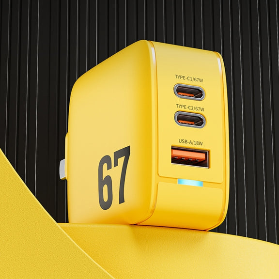 WK WP-U141 67W USB+Double USB-C / Type-C GaN Charger, Plug:CN Plug(Yellow)