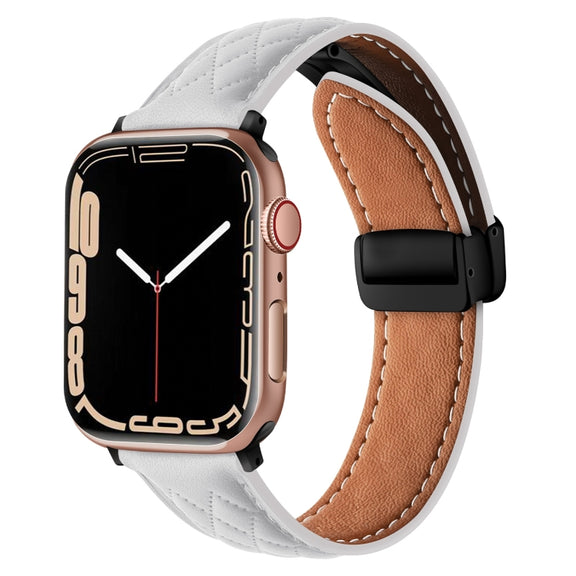 For Apple Watch 7 41mm Folding Buckle Rhombus Leather Watch Band(White)
