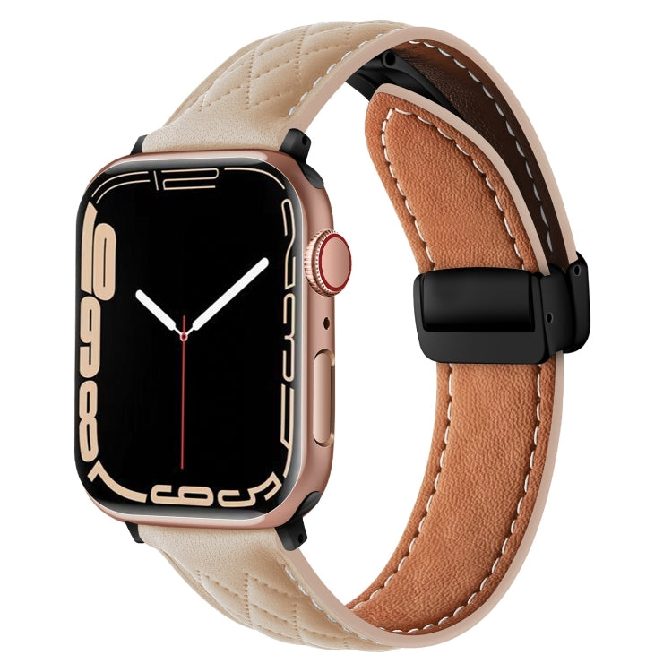 For Apple Watch 7 41mm Folding Buckle Rhombus Leather Watch Band(Apricot)
