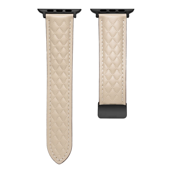 For Apple Watch 7 41mm Folding Buckle Rhombus Leather Watch Band(Apricot)