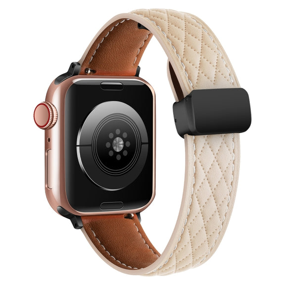 For Apple Watch 7 41mm Folding Buckle Rhombus Leather Watch Band(Apricot)