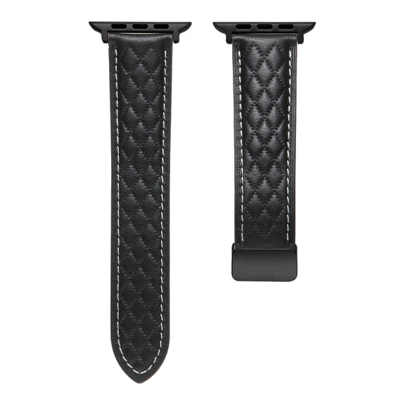 For Apple Watch 7 45mm Folding Buckle Rhombus Leather Watch Band(Black)
