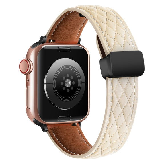 For Apple Watch 2 42mm Folding Buckle Rhombus Leather Watch Band(Starlight)