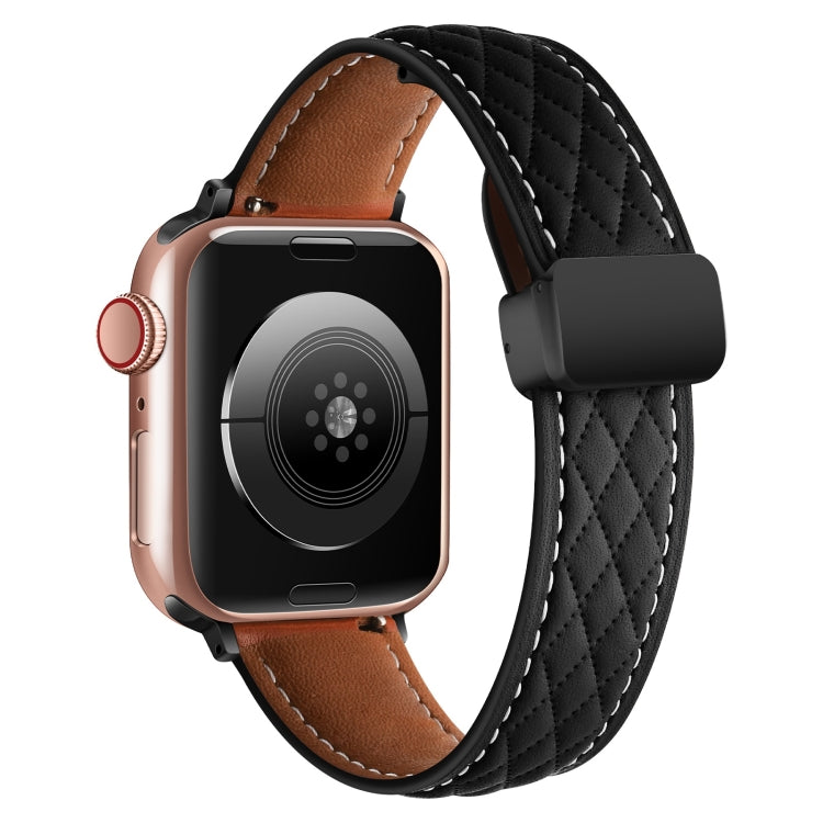 For Apple Watch 42mm Folding Buckle Rhombus Leather Watch Band(Black)
