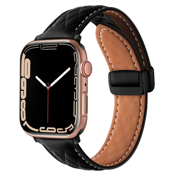For Apple Watch 9 45mm Folding Buckle Rhombus Leather Watch Band(Black)