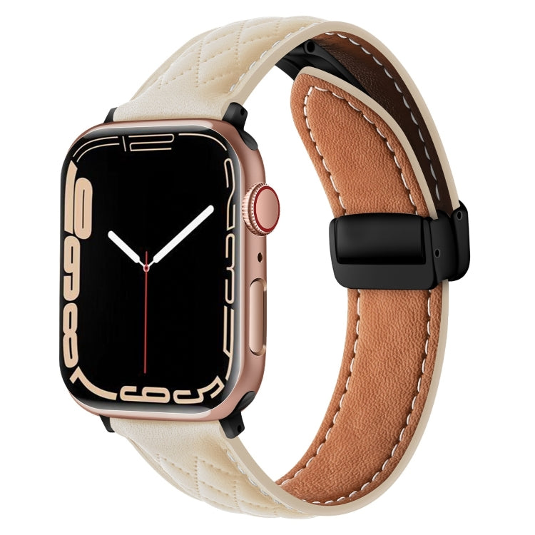 For Apple Watch 9 41mm Folding Buckle Rhombus Leather Watch Band(Starlight)