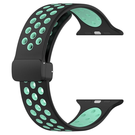 For Apple Watch 38mm Magnetic Buckle Silicone Watch Band(Black Cyan)