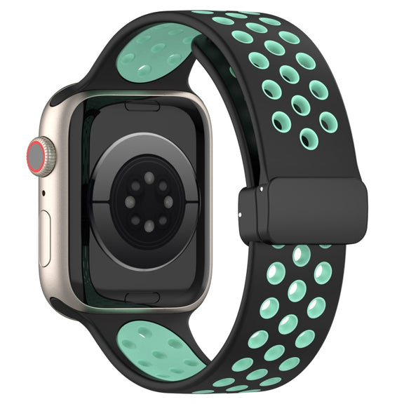 For Apple Watch 38mm Magnetic Buckle Silicone Watch Band(Black Cyan)