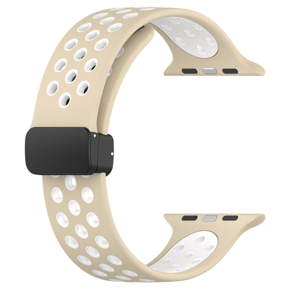 For Apple Watch Series 9 45mm Magnetic Buckle Silicone Watch Band(Khaki White)