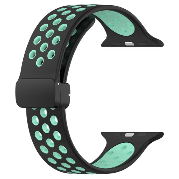 For Apple Watch Series 9 41mm Magnetic Buckle Silicone Watch Band(Black Cyan)