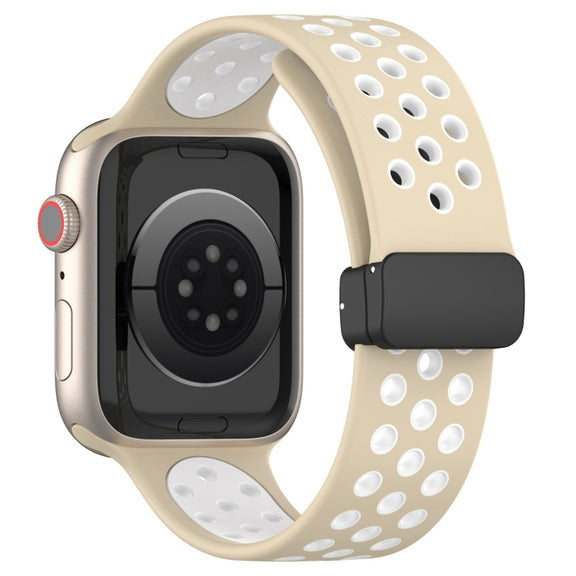 For Apple Watch Series 9 41mm Magnetic Buckle Silicone Watch Band(Khaki White)