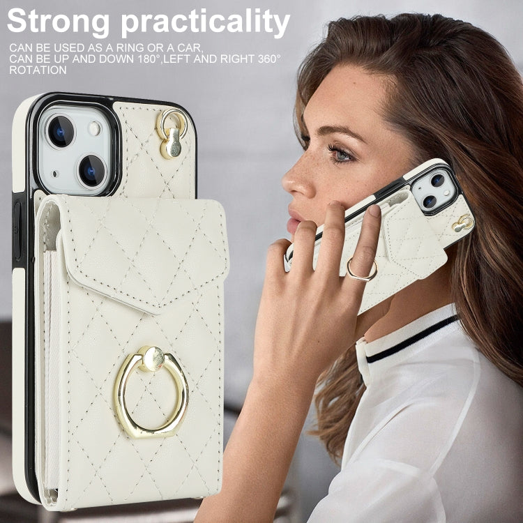 For iPhone 14 Plus Rhombic Texture Card Bag Phone Case with Long Lanyard(White)