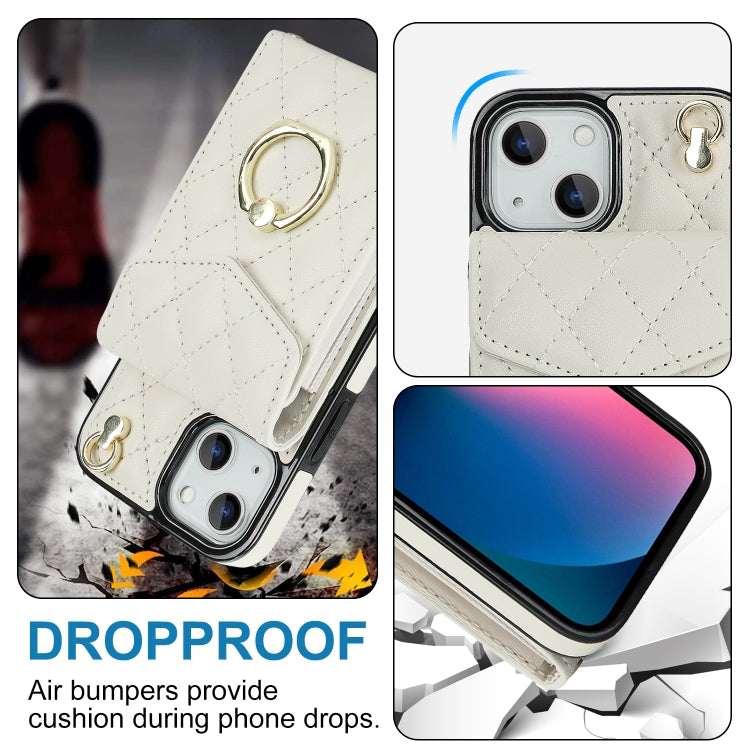 For iPhone 14 Plus Rhombic Texture Card Bag Phone Case with Long Lanyard(White)