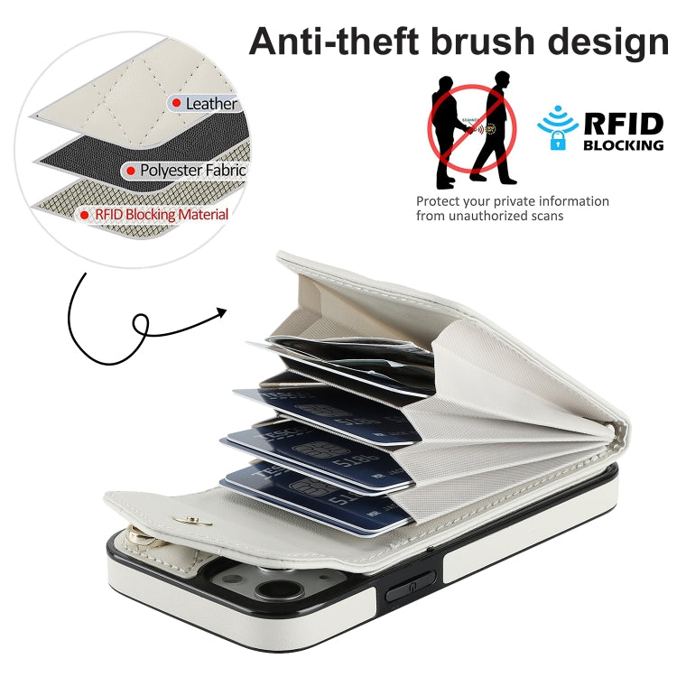 For iPhone 14 Plus Rhombic Texture Card Bag Phone Case with Long Lanyard(White)