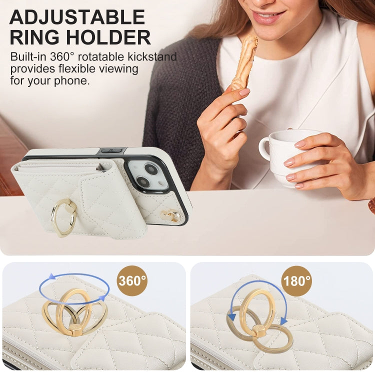 For iPhone 14 Plus Rhombic Texture Card Bag Phone Case with Long Lanyard(White)