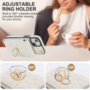 For iPhone 14 Plus Rhombic Texture Card Bag Phone Case with Long Lanyard(White)