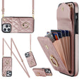 For iPhone 13 Pro Max Rhombic Texture Card Bag Phone Case with Long Lanyard(Rose Gold) - free shipping - PMC TechLife - Order now!